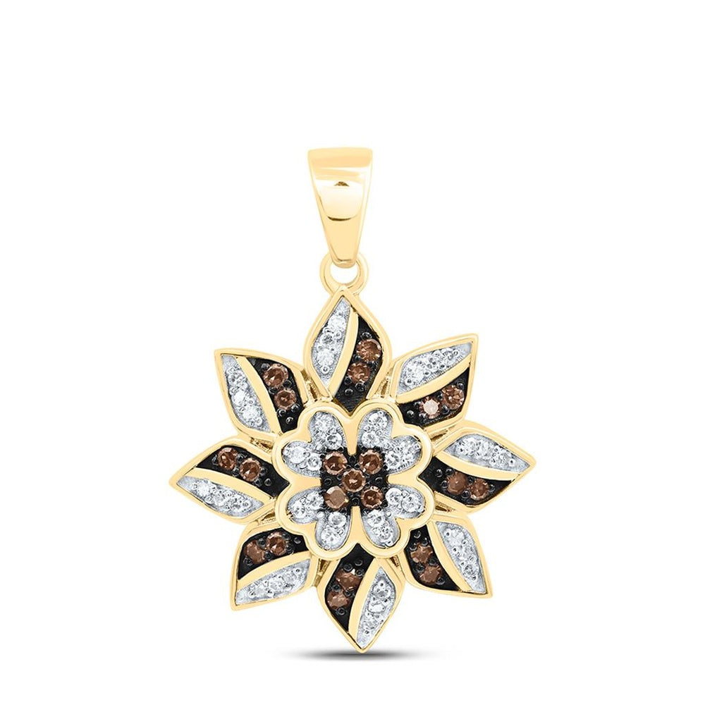Yellow Gold Round Brown and White Diamond Pendant - 1/5 Carat Total Diamond Weight