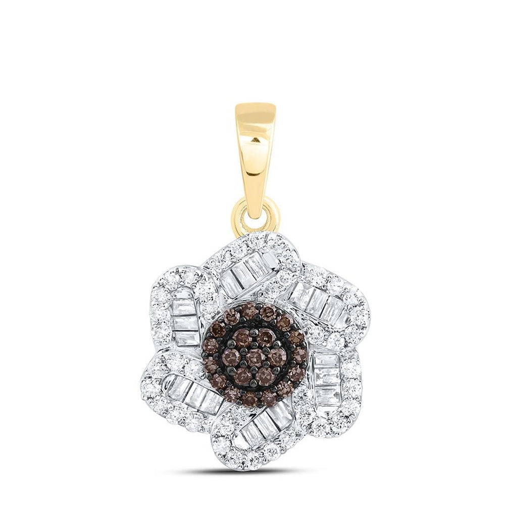 Yellow Gold Round Brown and White Diamond Pendant - 3/8 Carat Total Diamond Weight