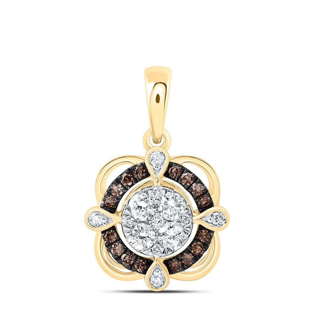 Yellow Gold Round Brown and White Diamond Pendant - 3/8 Carat Total Diamond Weight