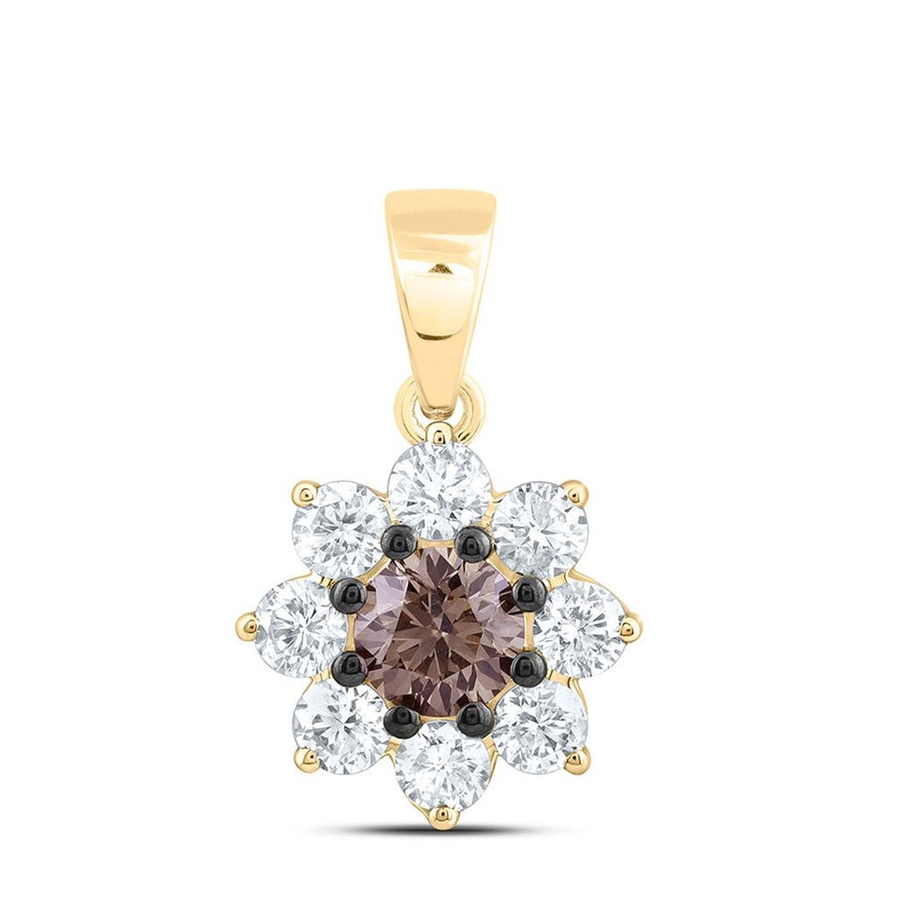 Yellow Gold Round Brown and White Diamond Pendant - 7/8 Carat Total Diamond Weight