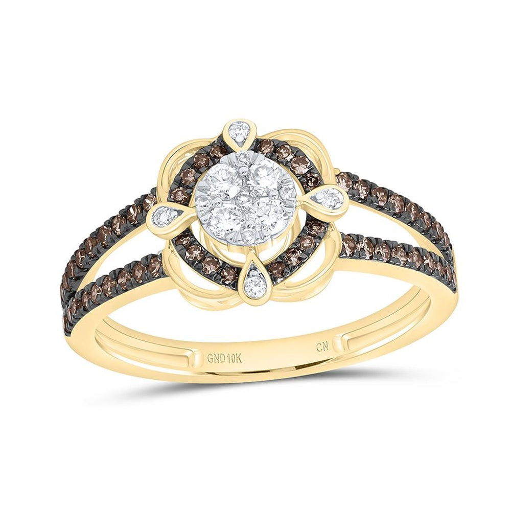 Yellow Gold Round Brown and White Diamond Ring - 1/2 Carat Total Diamond Weight
