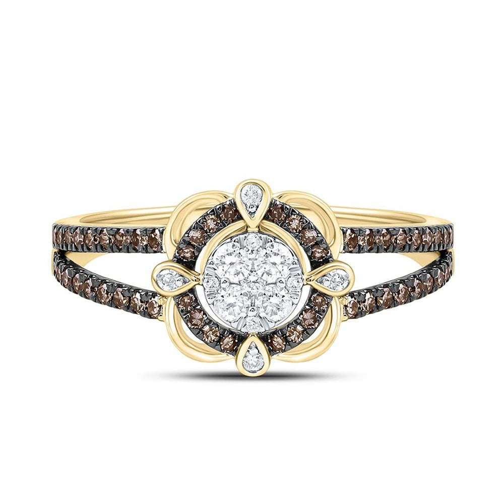 Yellow Gold Round Brown and White Diamond Ring - 1/2 Carat Total Diamond Weight