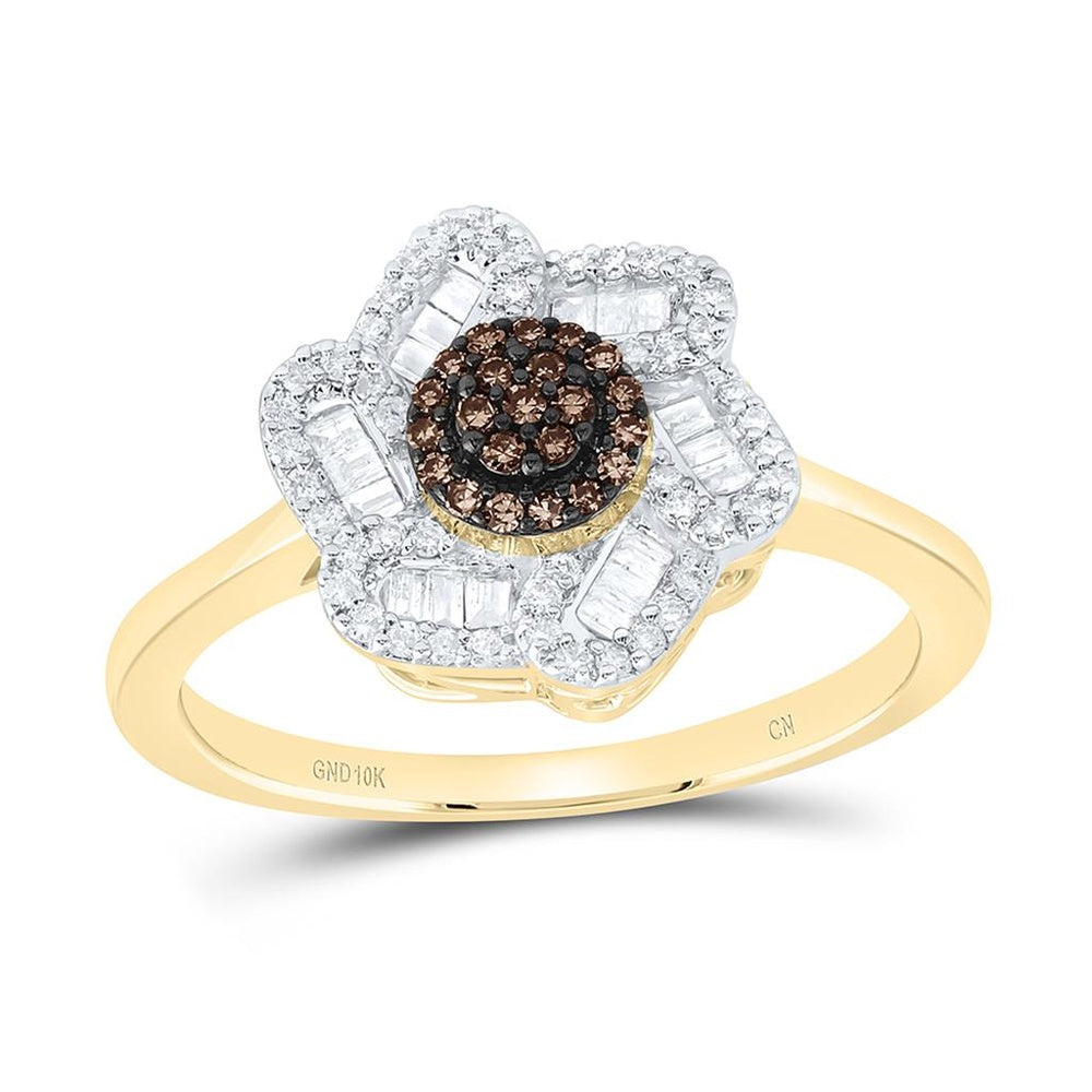 Yellow Gold Round Brown and White Diamond Ring - 1/3 Carat Total Diamond Weight
