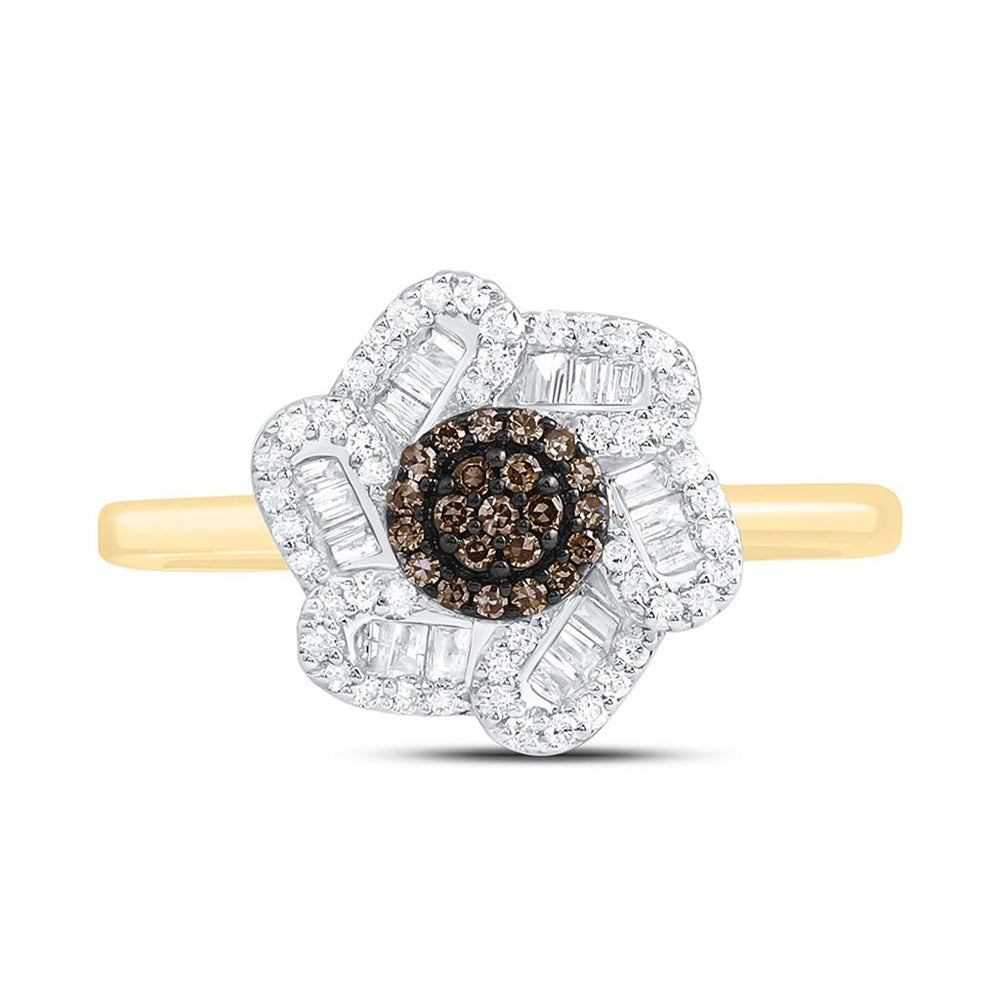 Yellow Gold Round Brown and White Diamond Ring - 1/3 Carat Total Diamond Weight