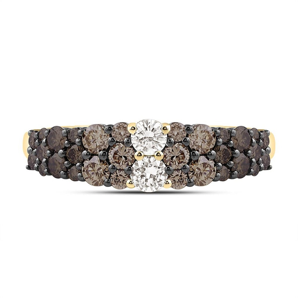 Yellow Gold Round Brown and White Diamond Ring - 1 Carat Total Diamond Weight