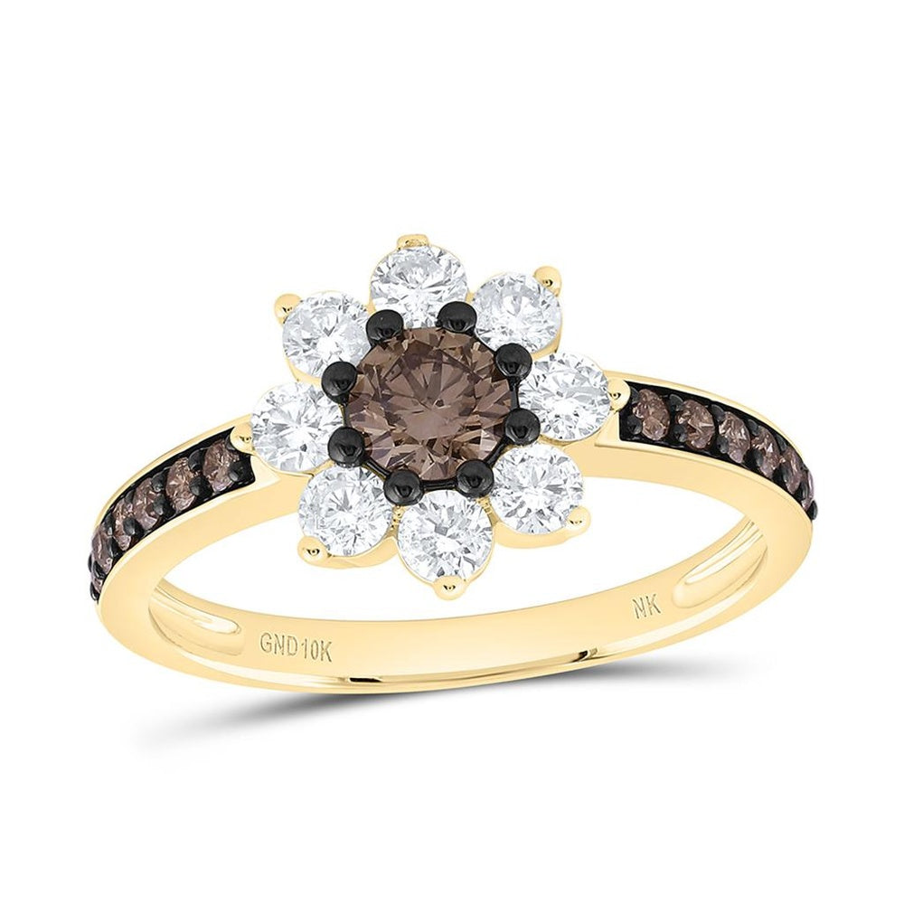 Yellow Gold Round Brown and White Diamond Ring - 1 Carat Total Diamond Weight