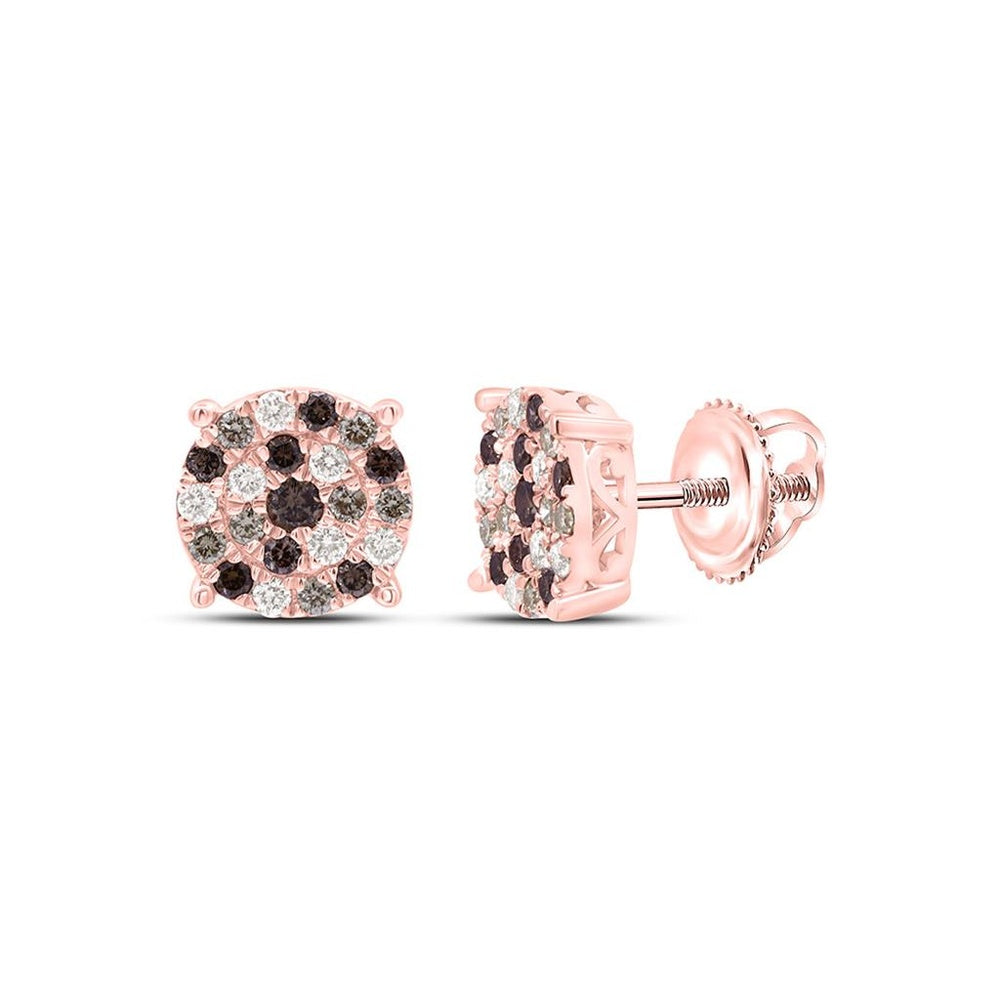 Yellow Gold Round Brown and White Diamond Stud Earrings - 1/2 Carat Total Diamond Weight