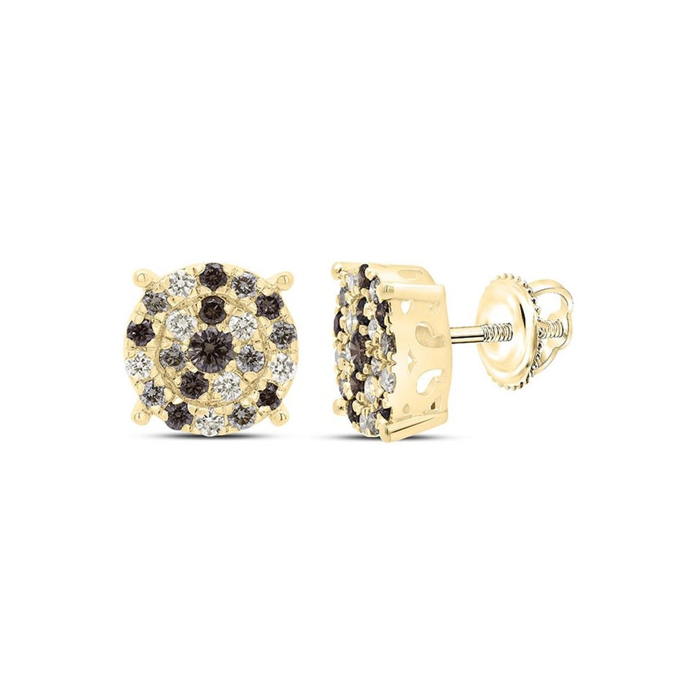 Yellow Gold Round Brown and White Diamond Stud Earrings - 7/8 Carat Total Diamond Weight