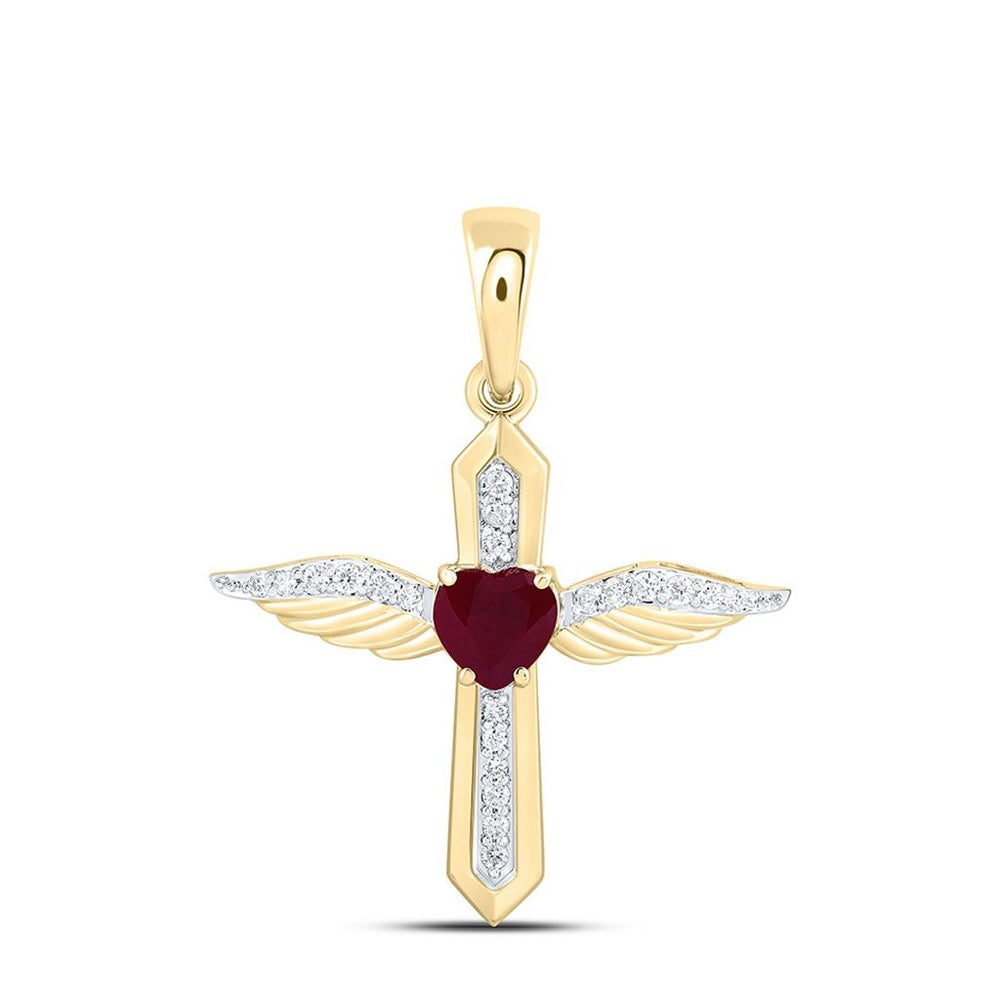 Yellow Gold Ruby and Diamond Cross Pendant - 1/8 Carat Total Gemstone Weight