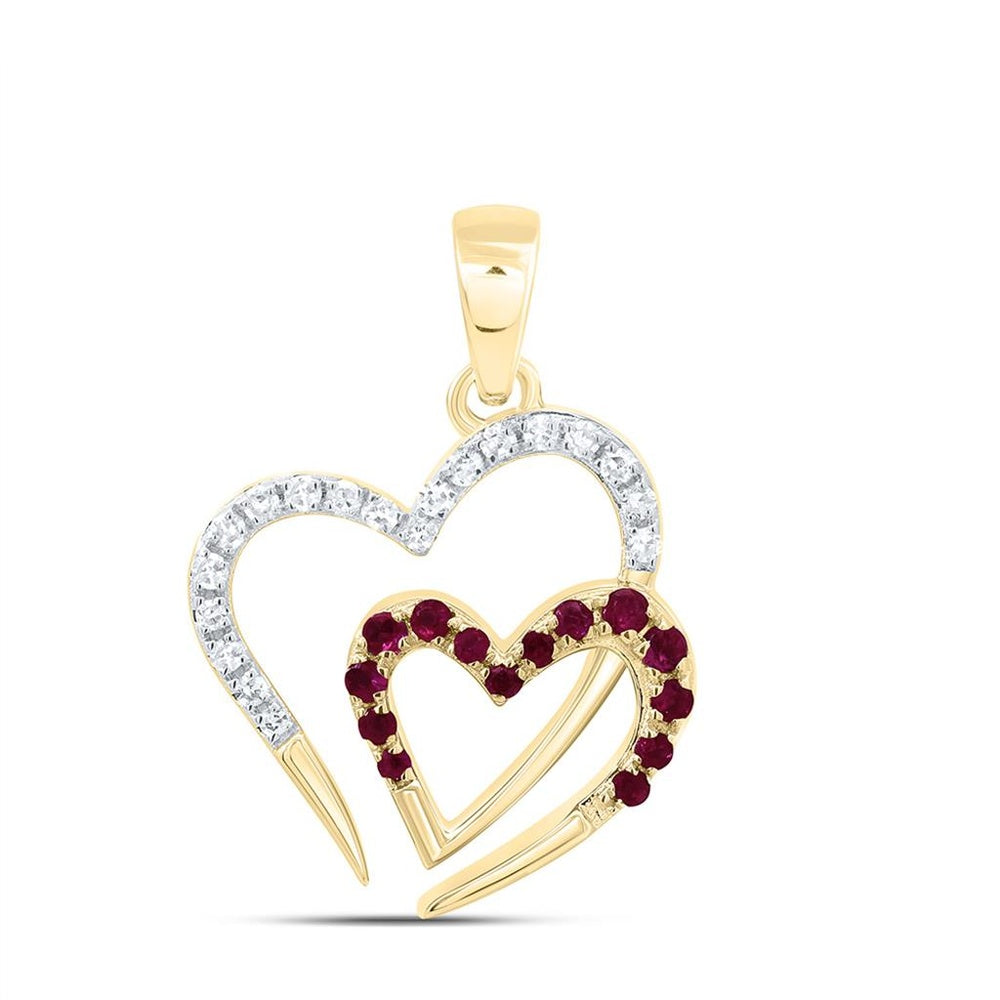 Yellow Gold Ruby and Diamond Heart Pendant - 1/10 Carat Total Gemstone Weight