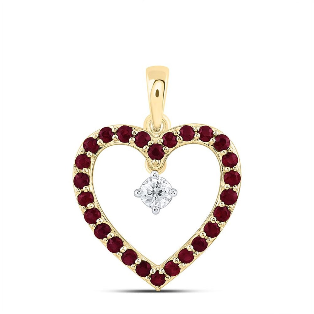Yellow Gold Ruby and Diamond Heart Pendant - 1/10 Carat Total Gemstone Weight