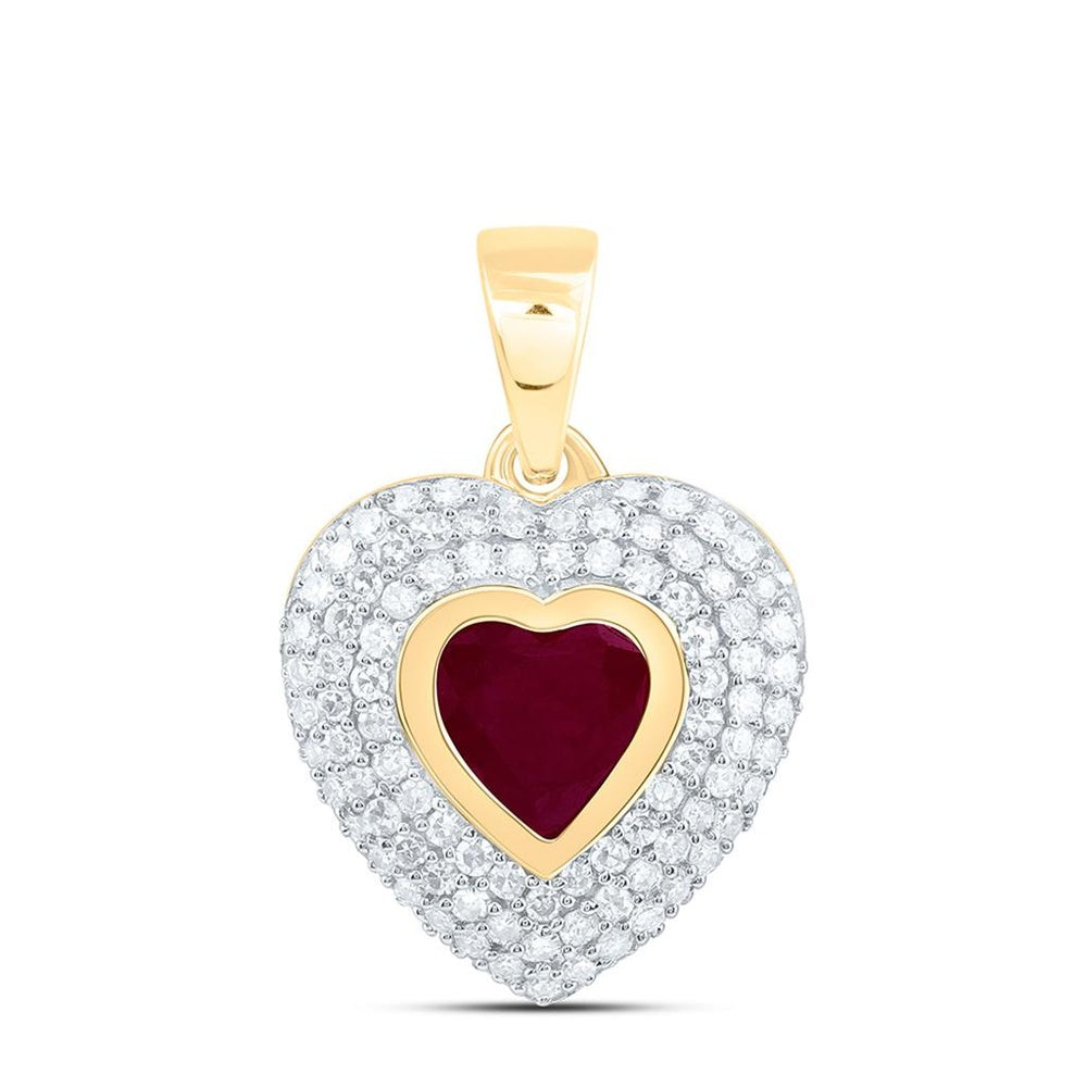 Yellow Gold Ruby and Diamond Heart Pendant - 1/4 Carat Total Gemstone Weight