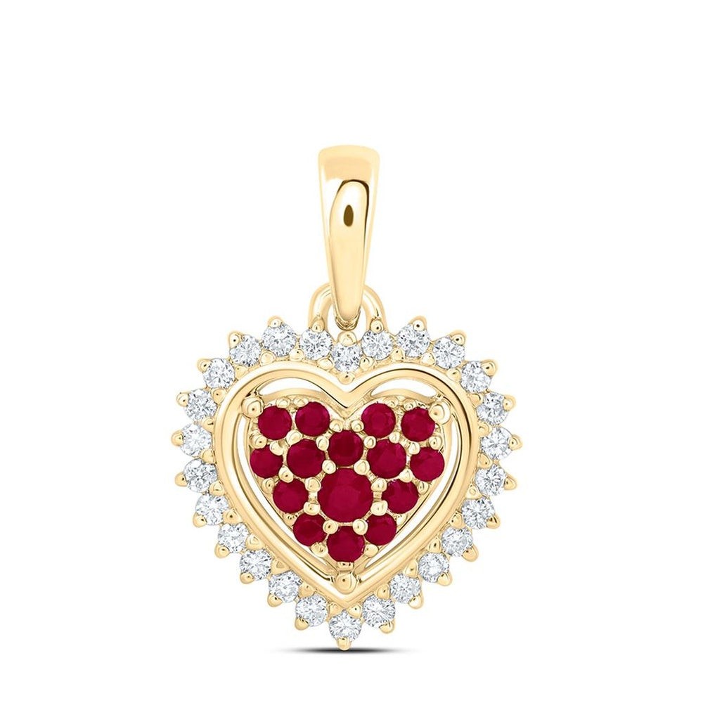 Yellow Gold Ruby and Diamond Heart Pendant - 1/8 Carat Total Gemstone Weight