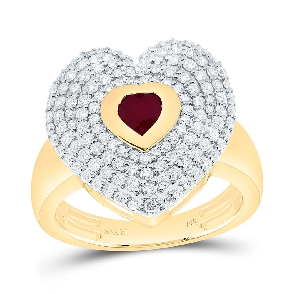 Yellow Gold Ruby and Diamond Heart Ring - 7/8 Carat Total Gemstone Weight