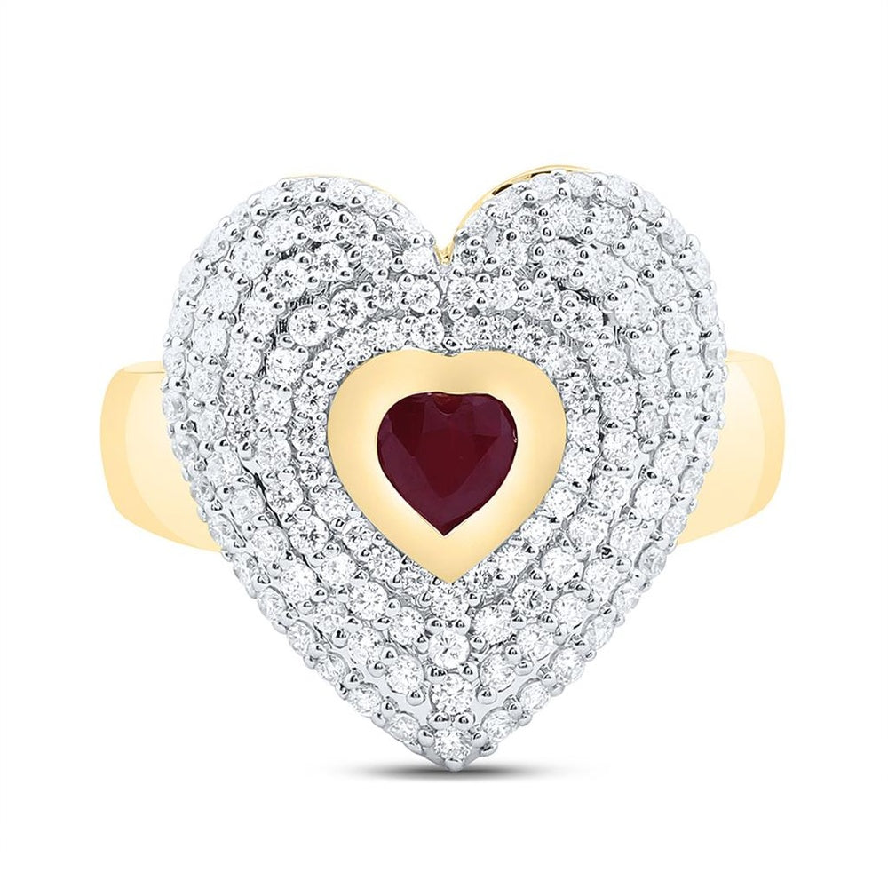 Yellow Gold Ruby and Diamond Heart Ring - 7/8 Carat Total Gemstone Weight