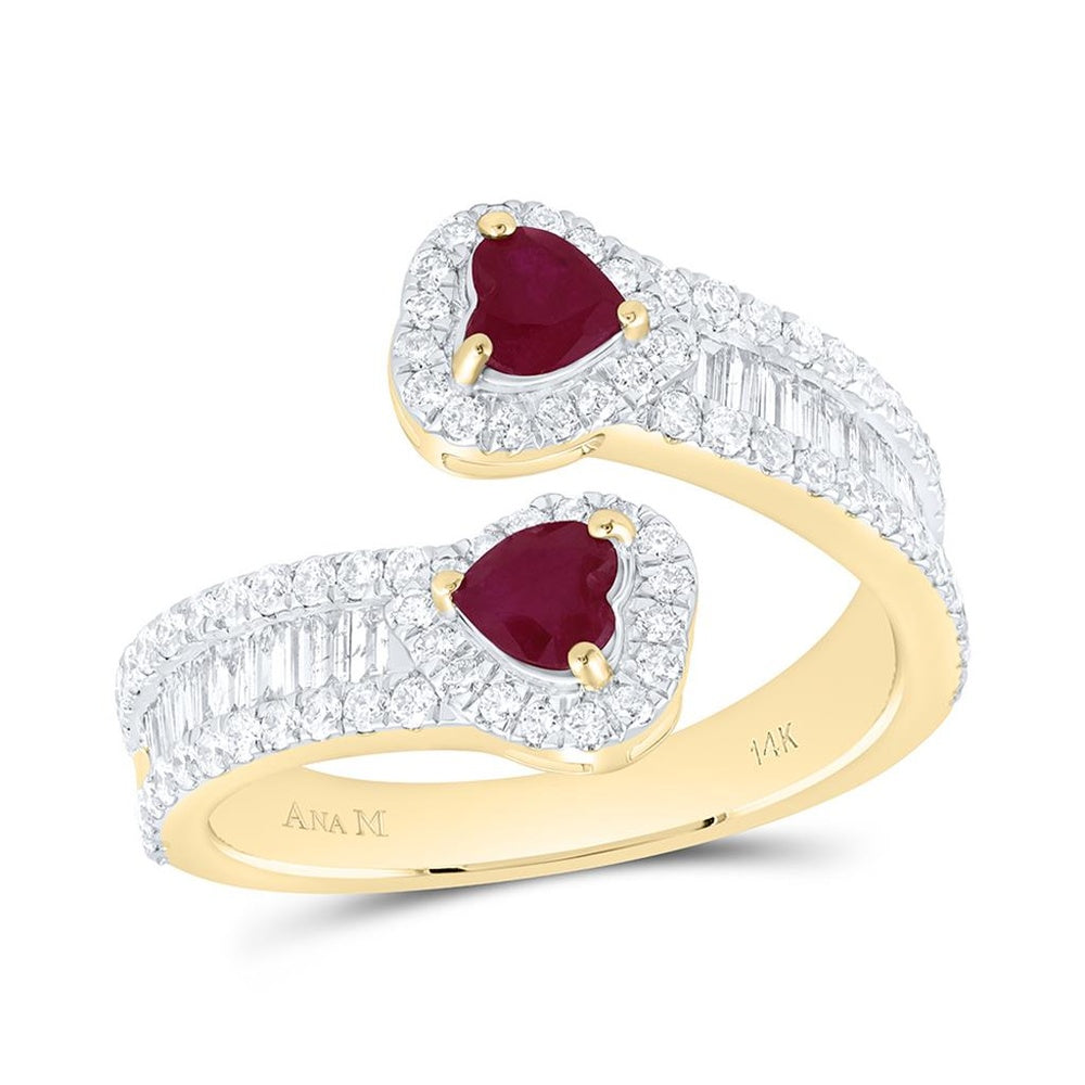 Yellow Gold Ruby and Diamond Heart Ring - 7/8 Carat Total Gemstone Weight
