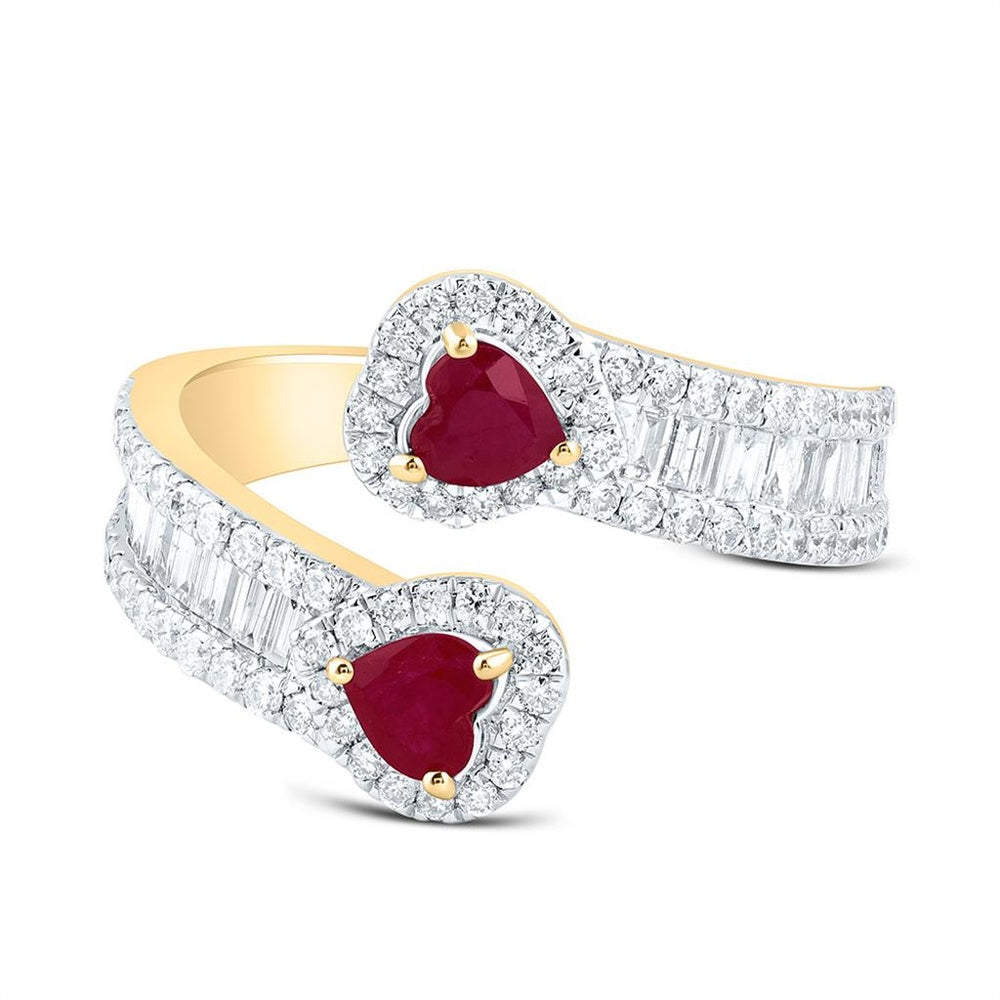 Yellow Gold Ruby and Diamond Heart Ring - 7/8 Carat Total Gemstone Weight