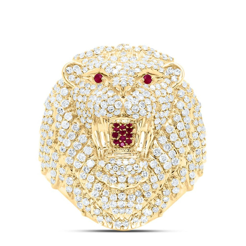 Yellow Gold Ruby and Diamond Lion Ring - 2 3/8 Carat Total Gemstone Weight