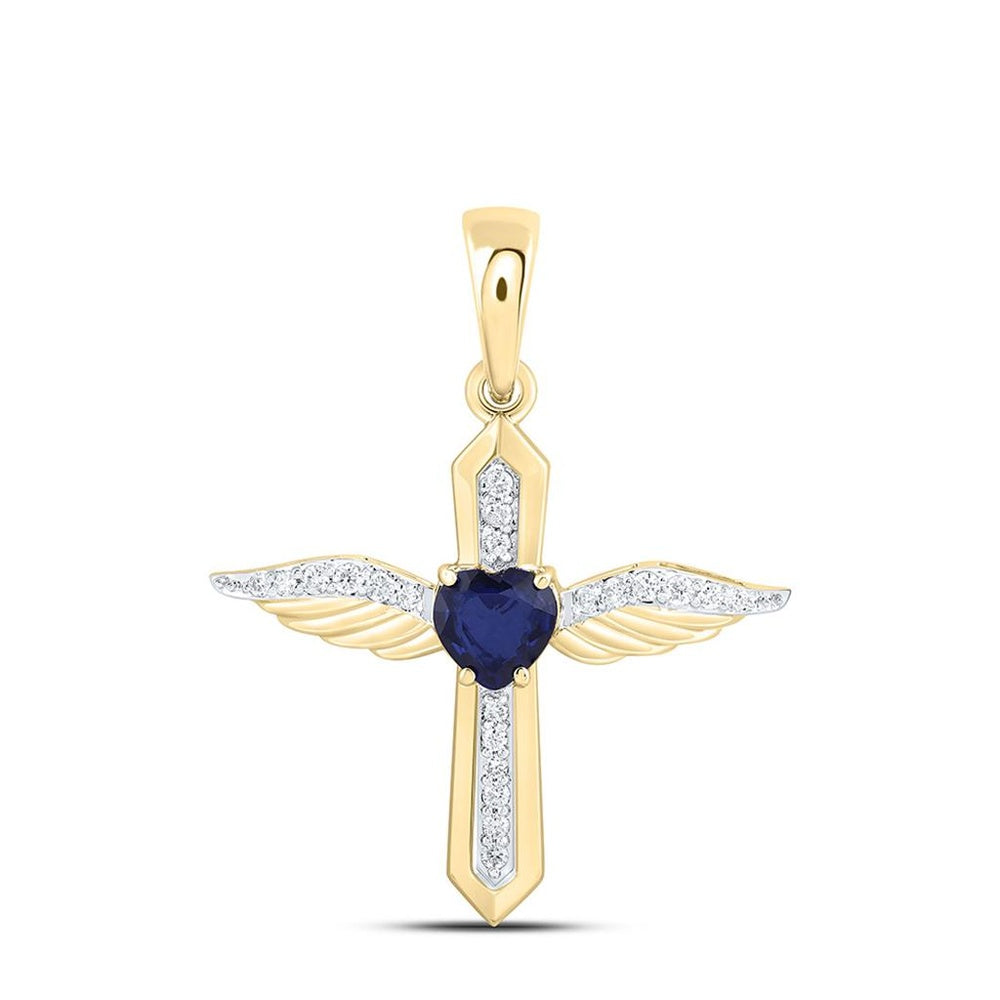 Yellow Gold Sapphire and Diamond Cross Pendant - 1/8 Carat Total Gemstone Weight
