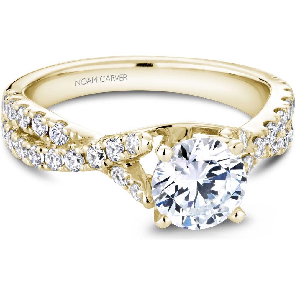 Yellow Gold Split Crossover Round Cut Diamond Engagement Ring with Pavé Band by Noam Carver<em> - Choose Your Center Diamond: 1 to 5 Carats, Sustainable Lab-Grown or Natural Earth-Mined</em>