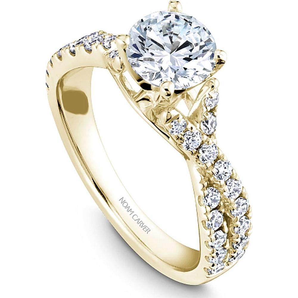 Yellow Gold Split Crossover Round Cut Diamond Engagement Ring with Pavé Band by Noam Carver<em> - Choose Your Center Diamond: 1 to 5 Carats, Sustainable Lab-Grown or Natural Earth-Mined</em>