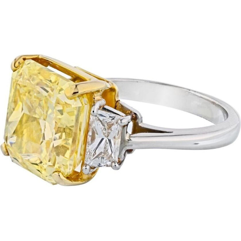 10 Carat Radiant Cut Diamond Fancy Intense Yellow GIA Three Stone Engagement Ring