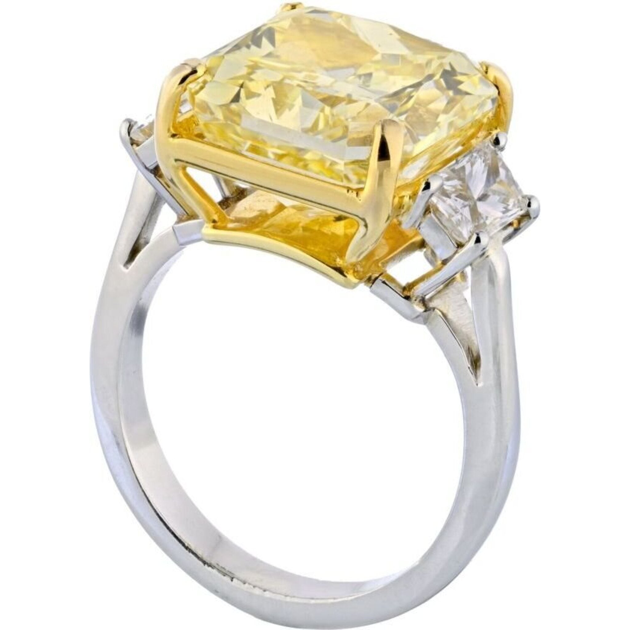 10 Carat Radiant Cut Diamond Fancy Intense Yellow GIA Three Stone Engagement Ring