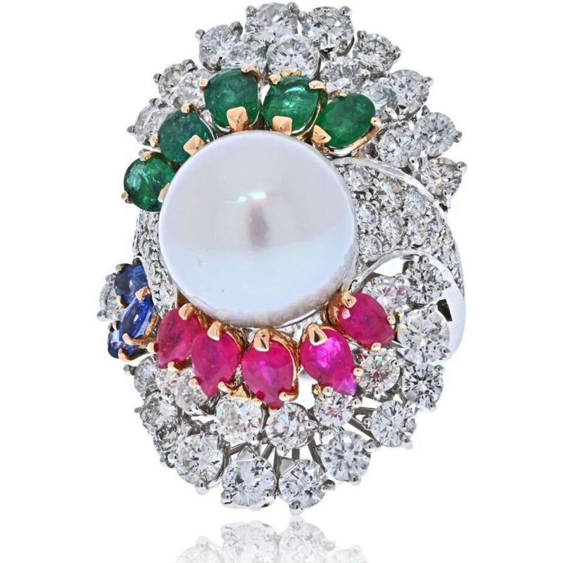 14K White Gold Diamond, Ruby, Emerald And South Sea Pearl Ring