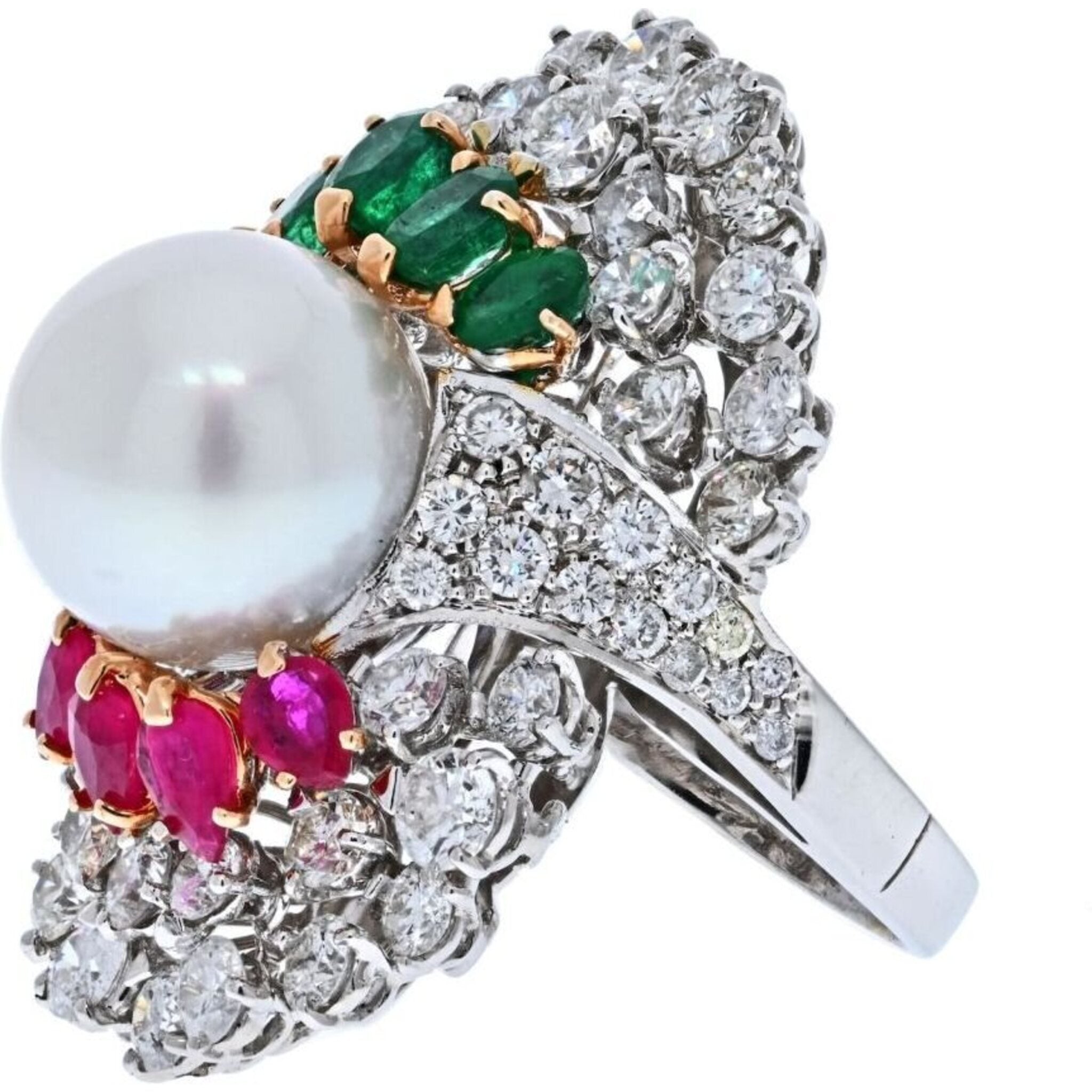 14K White Gold Diamond, Ruby, Emerald And South Sea Pearl Ring