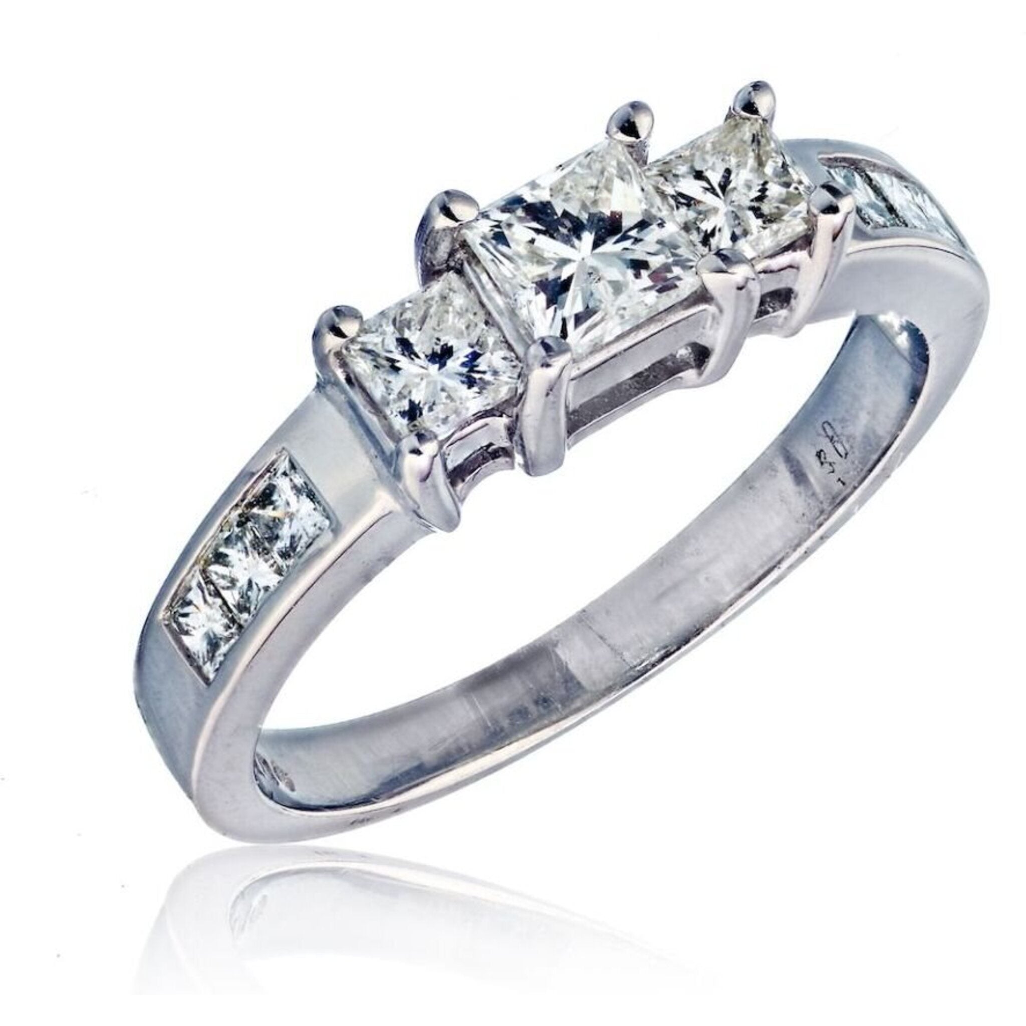 14K White Gold Princess Diamond Three Stone Ring