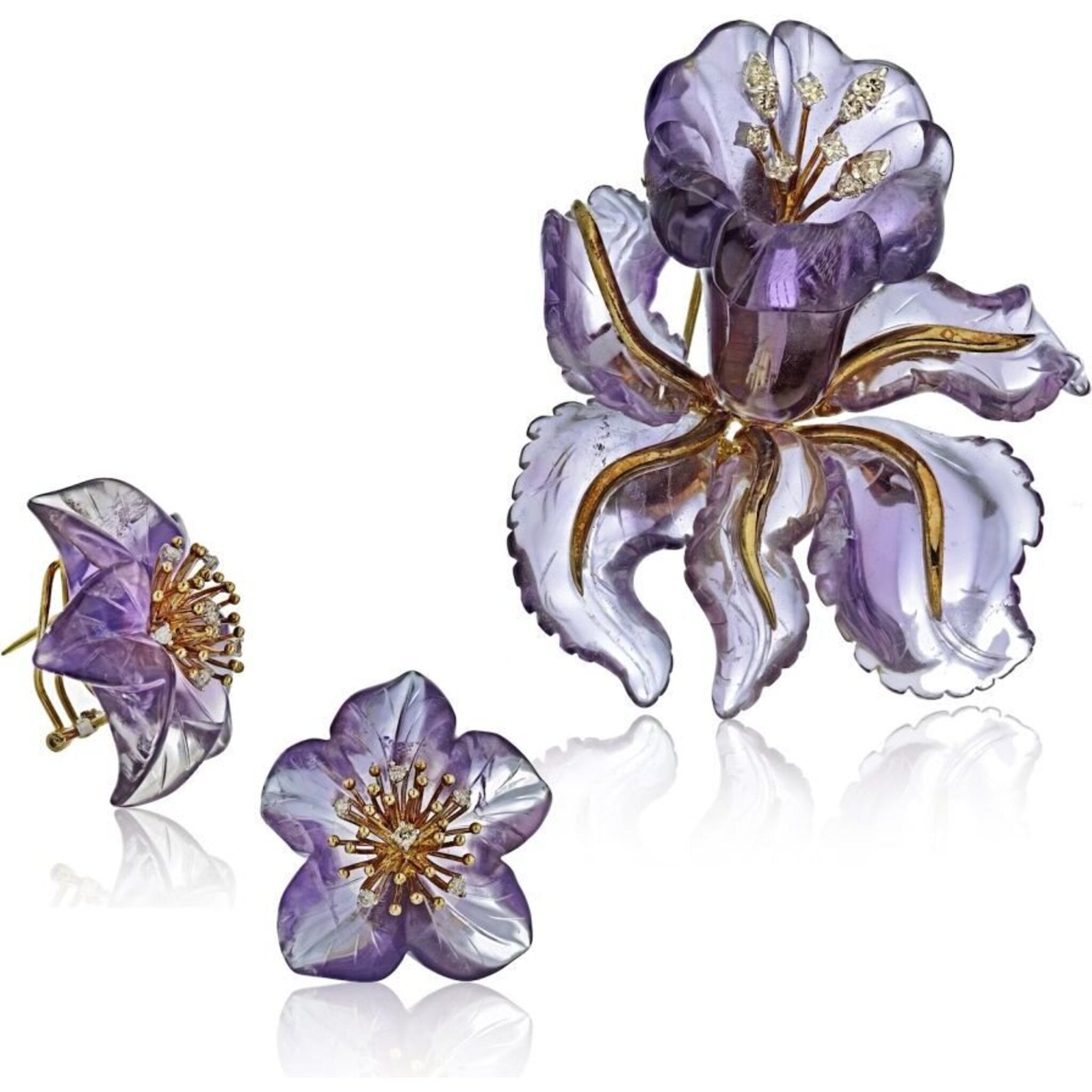 14K Yellow Gold Amethyst Flower Brooch & Earrings Jewelry Set