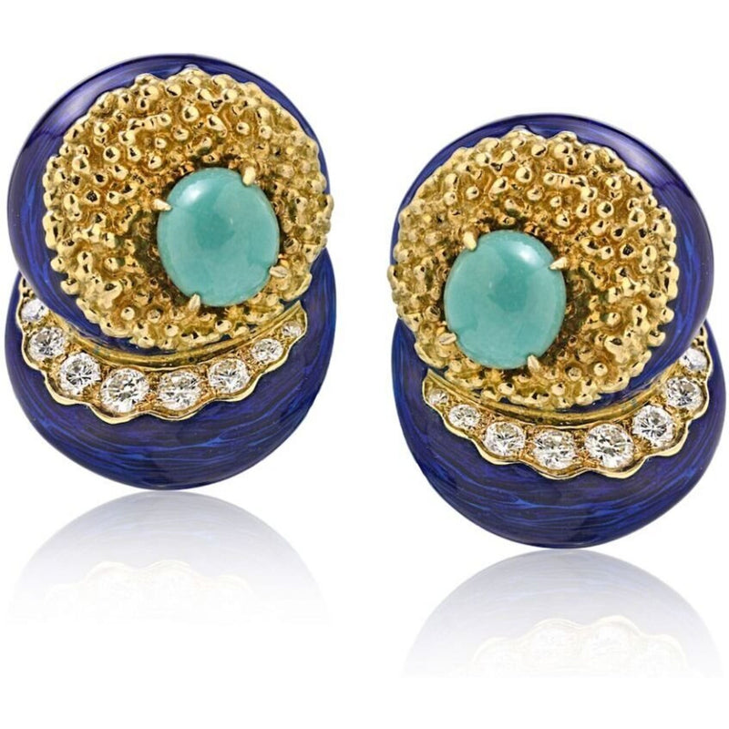 14K Yellow Gold Enamel, Turquoise & Diamond Earrings