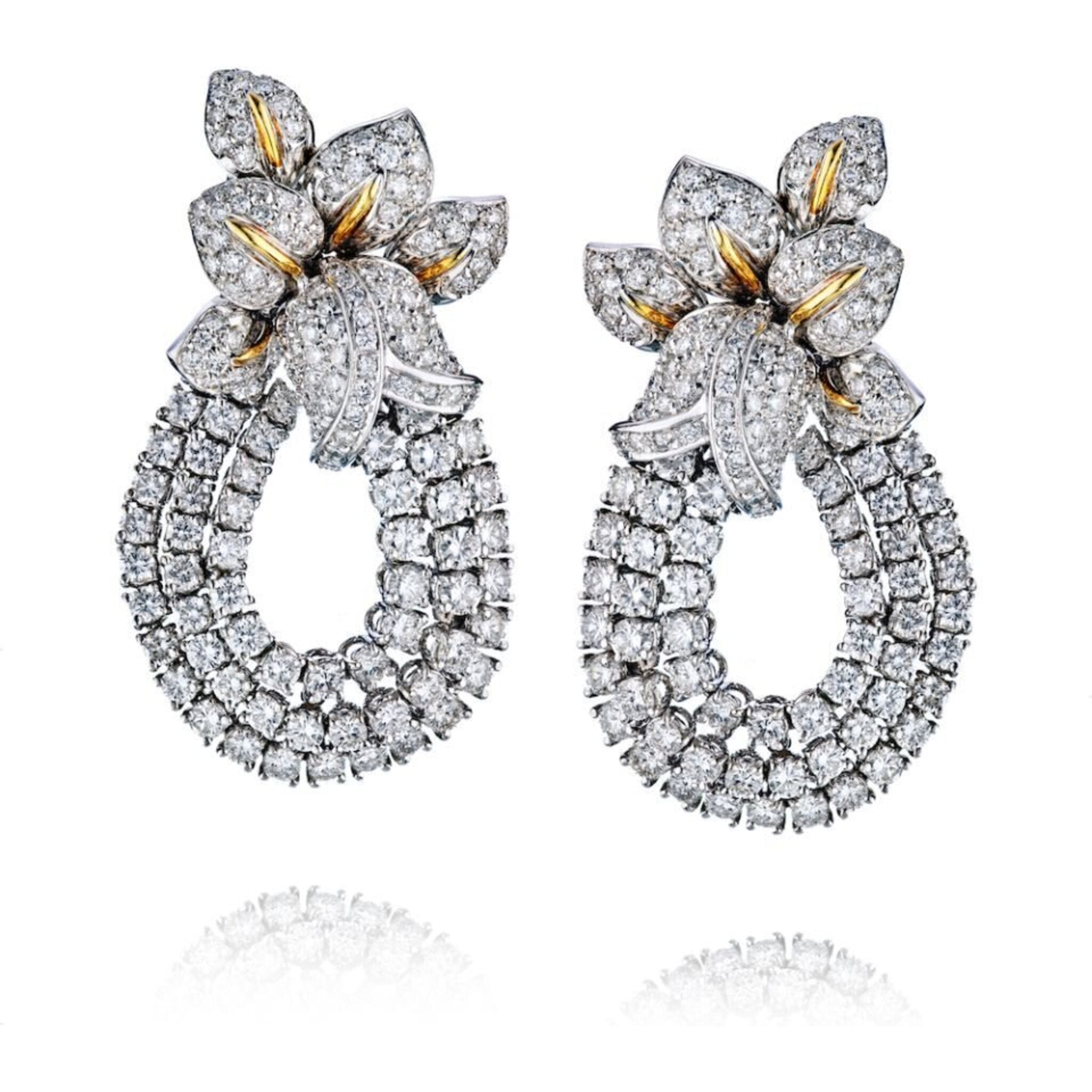 18K Two Tone 13 Carat Diamond Statement Flower Earrings