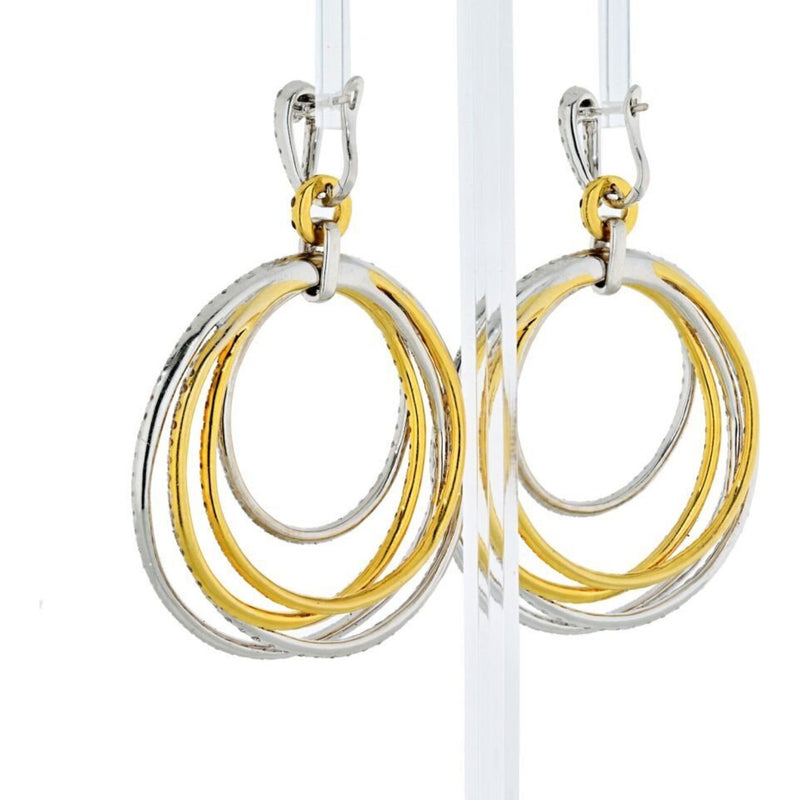 18K Two Tone 24.57 Carat Pave White And Chocolate Diamond Dangling Hoop Earrings