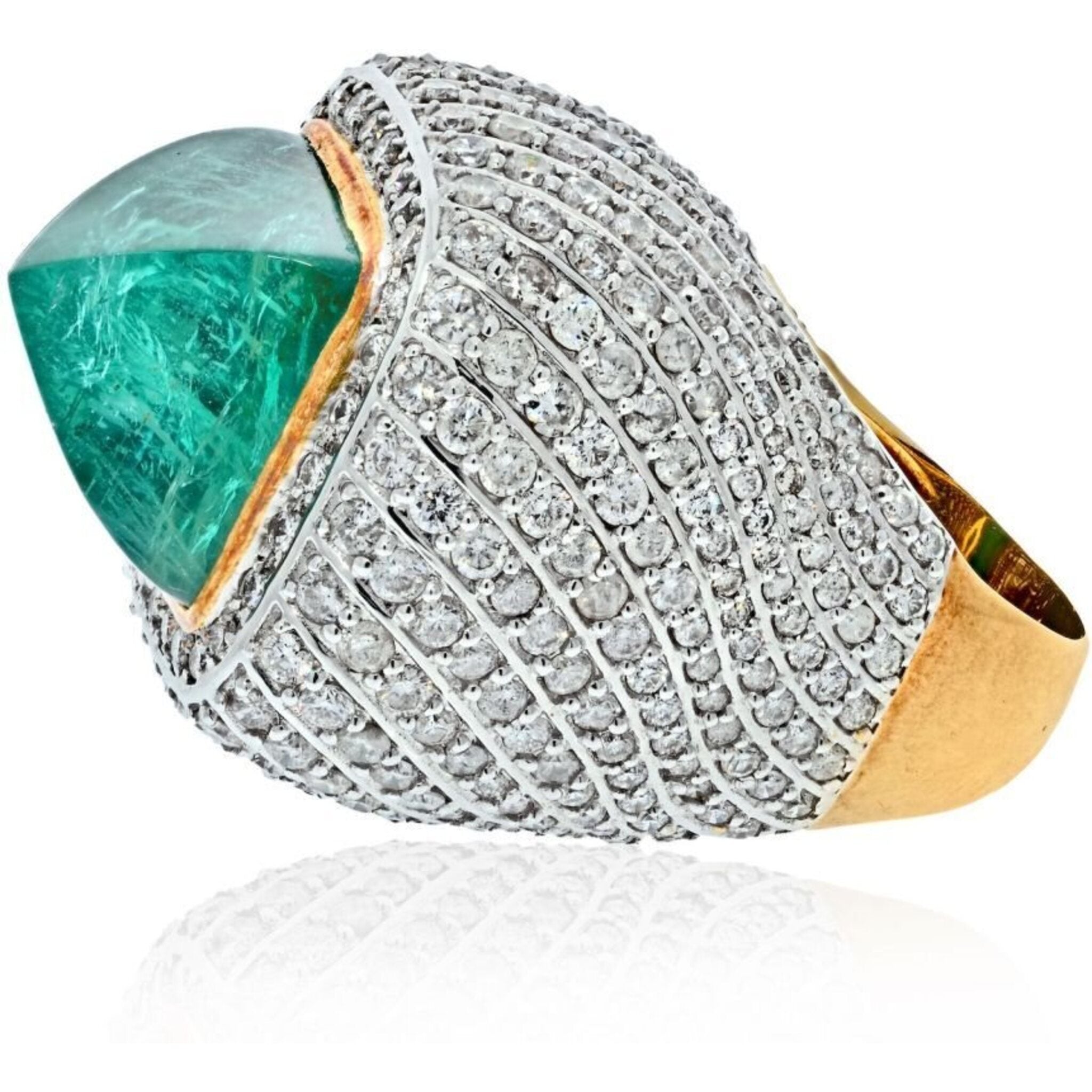 18K Two Tone 38 Carat Sugarloaf Green Emerald And Diamond Cocktail Ring