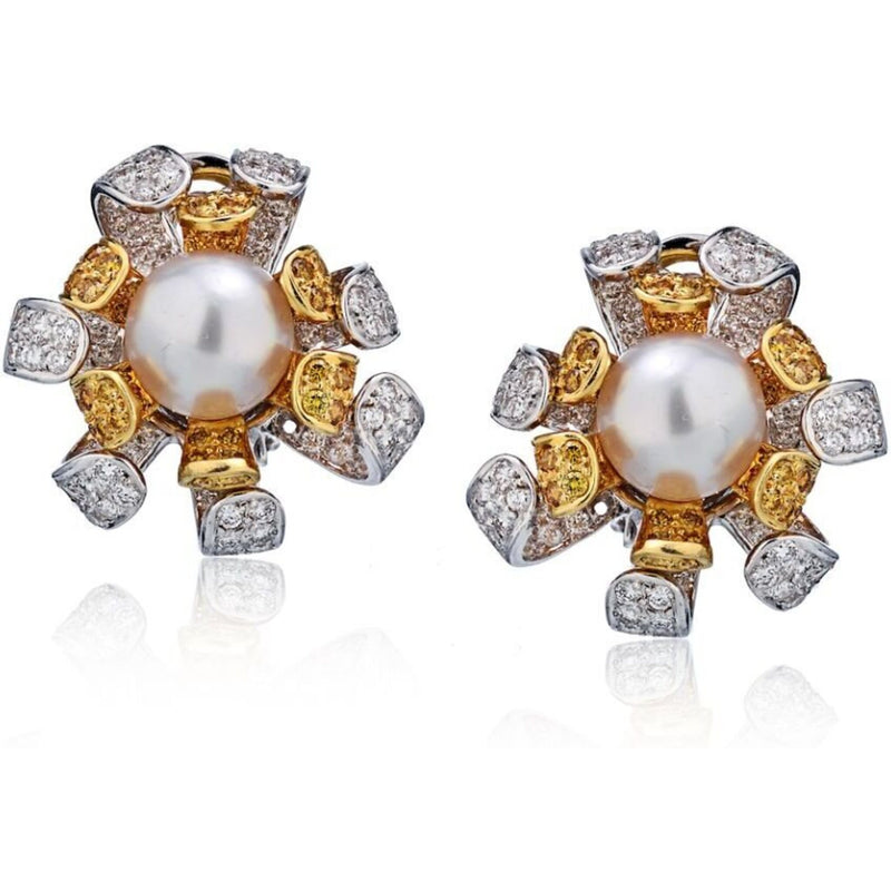 18K Two Tone Pear And Fancy Yellow And White Diamond Earrings