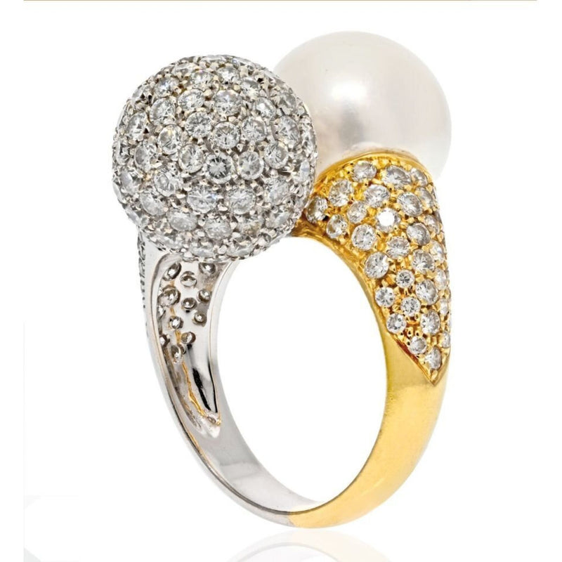18K Two Tone Vintage Bypass Diamond And Pearl Ring