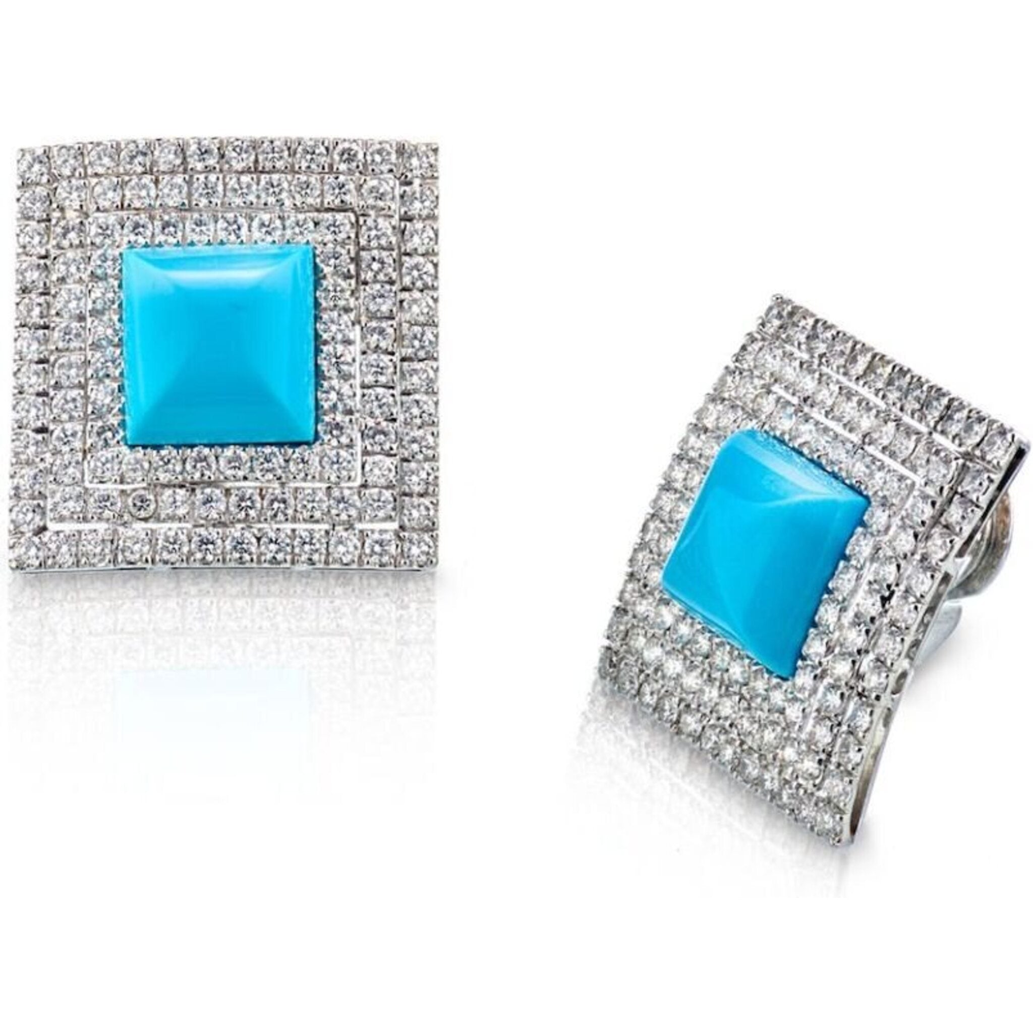18K White Gold 10.80 Carat Diamond And Turquoise Square Clip-On Earrings