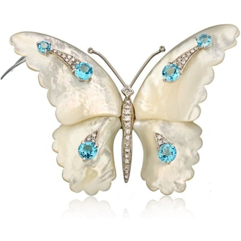 18K White Gold 1.50 Carat Diamond And Aquamarine Butterfly Brooch
