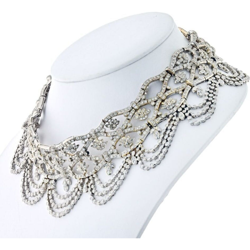 18K White Gold 60 Carat Cleopatra Diamond Bib Necklace