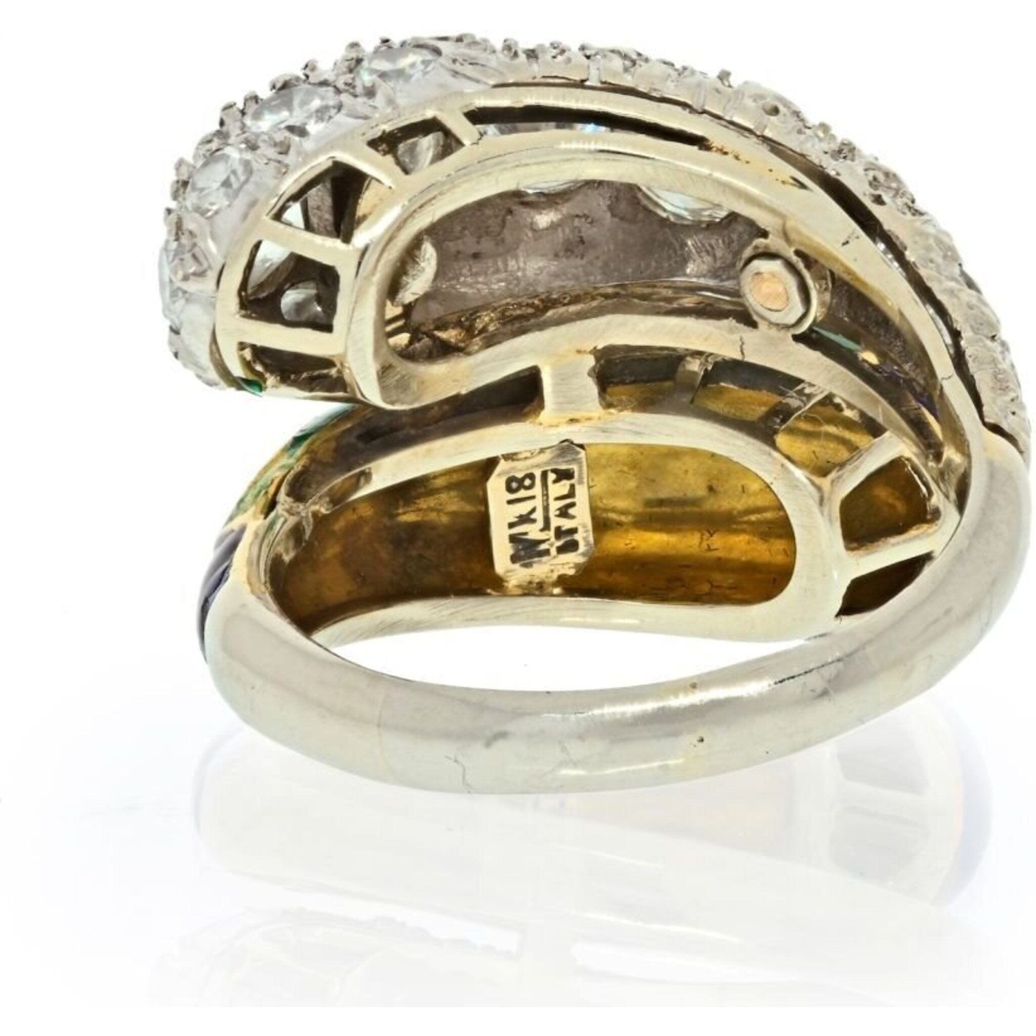 18K White Gold Bypass Green Enamel Diamond Ring
