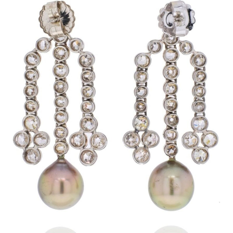18K White Gold Old Mine Diamond Chandelier And Pearl Earrings