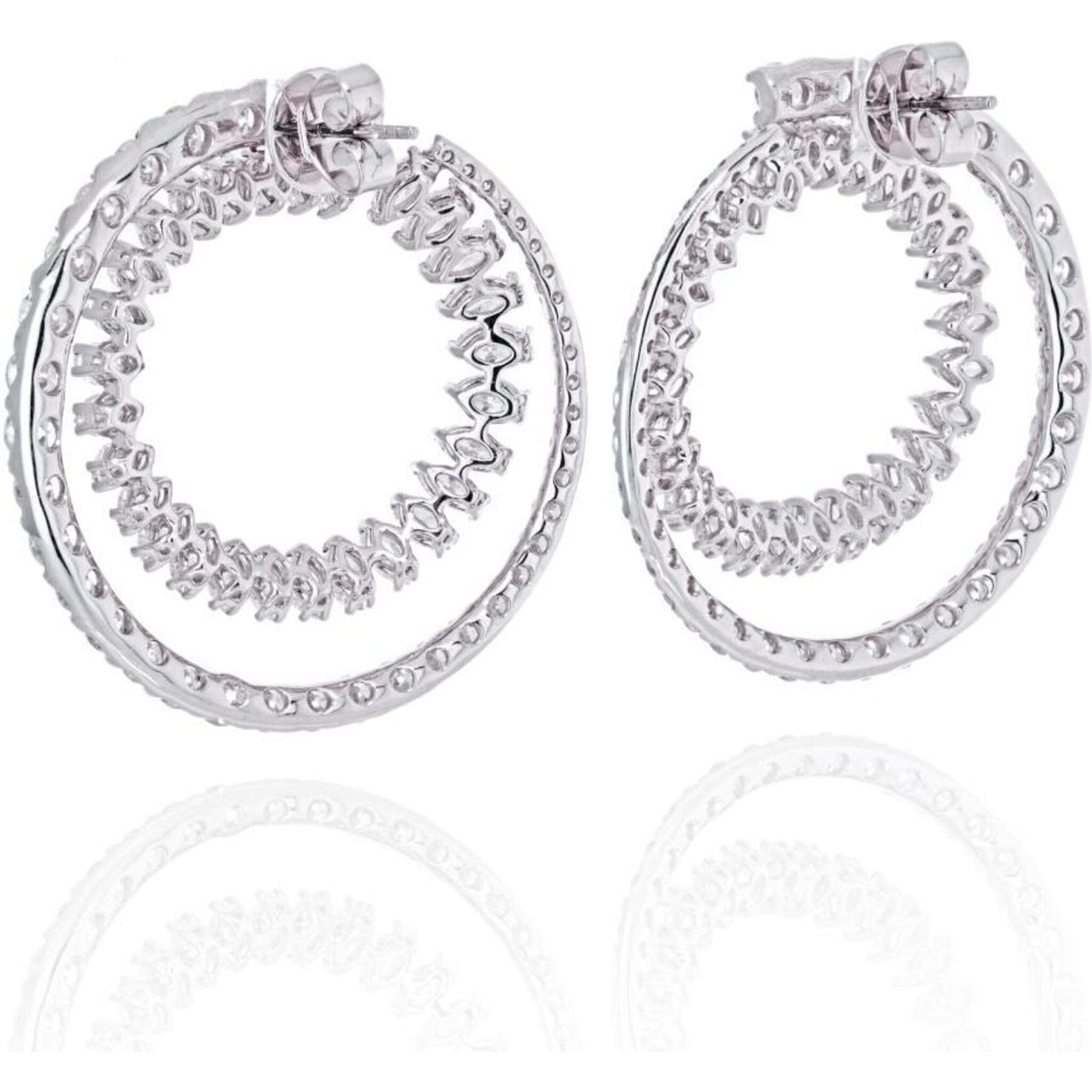 18K White Gold Open Circle Marquise Round Cut Diamond Hoop Earrings