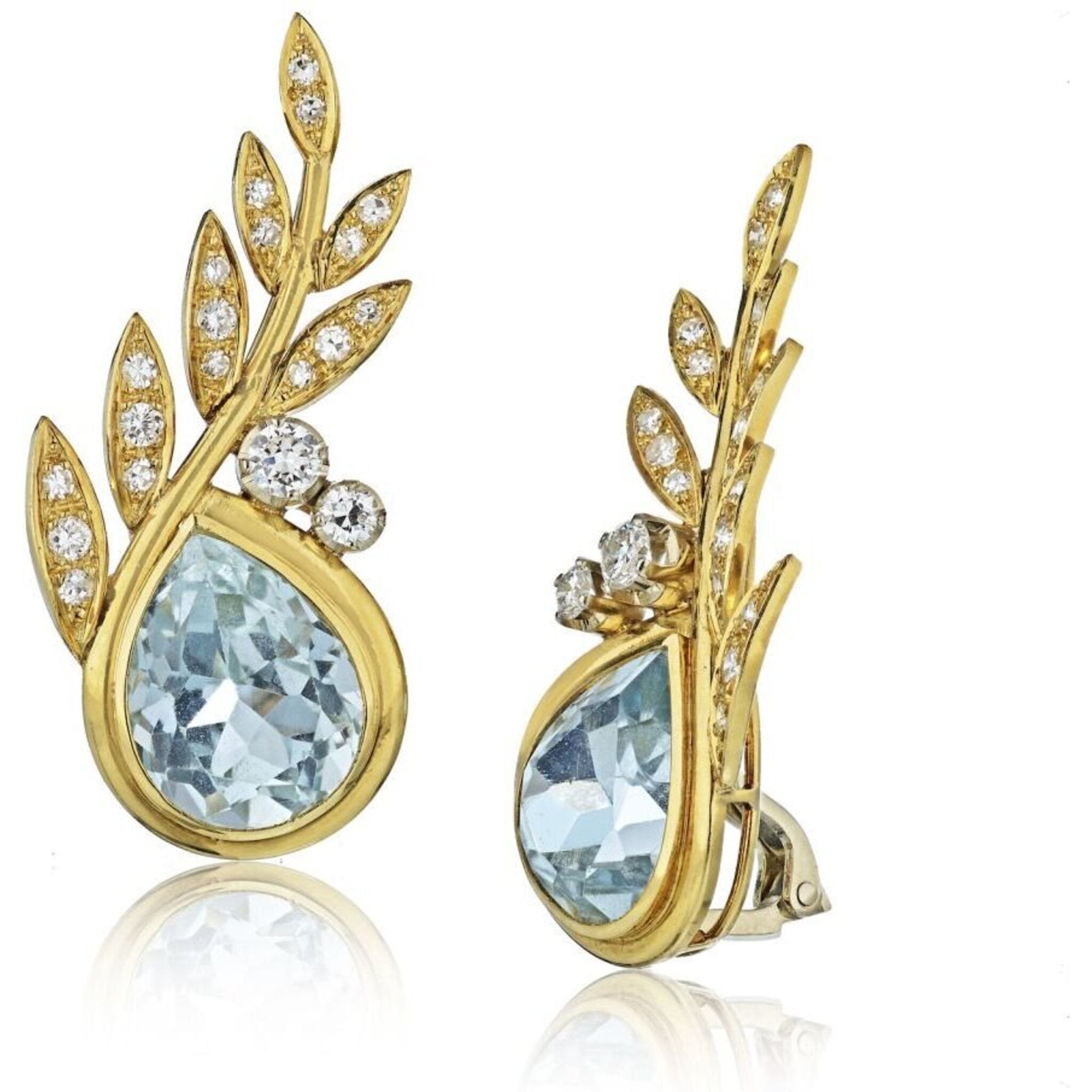 18K Yellow Gold 27 Carat Aquamarine And Diamond Earrings