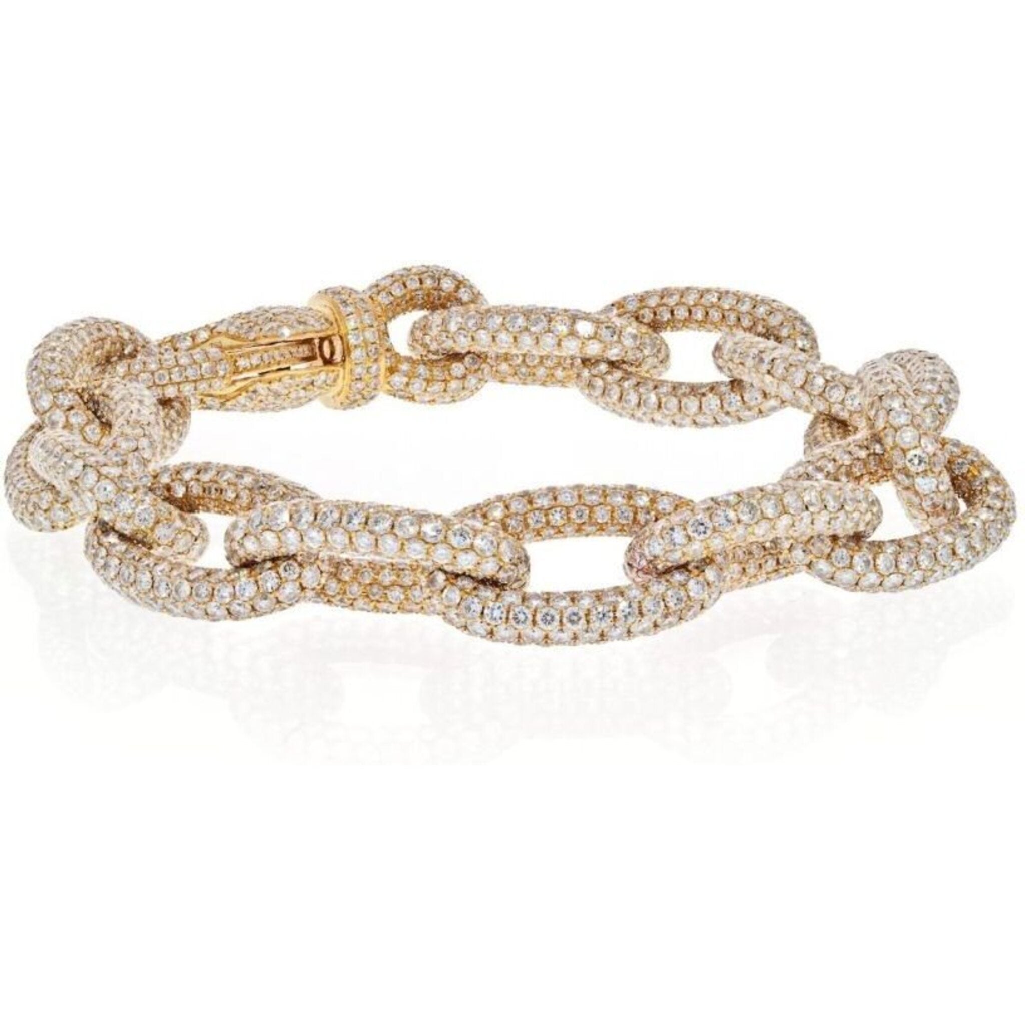18K Yellow Gold 35 Carat Pave Oval Link Diamond Chain Bracelet