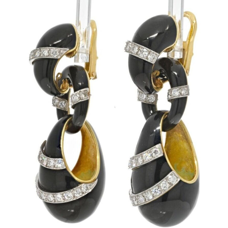 18K Yellow Gold Black Enamel Diamond Drop Dangling Earrings