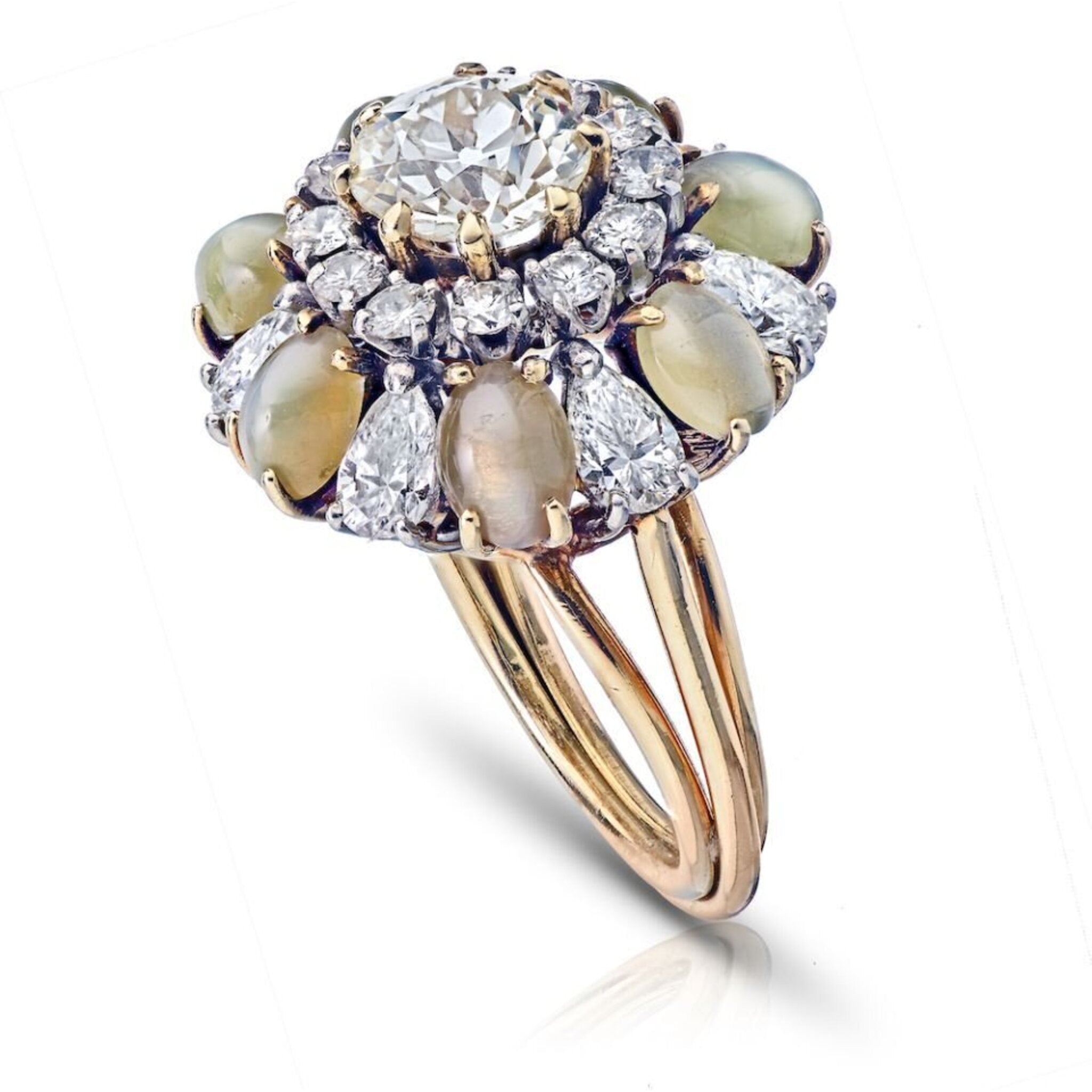 18K Yellow Gold Center European Cut Diamond And Opal Engagement Ring