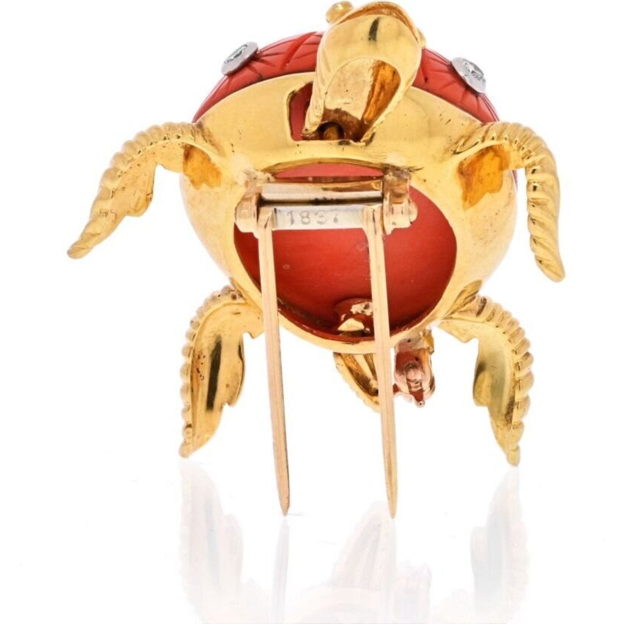 18K Yellow Gold Coral Turtle With Diamonds On The Shell Brooch