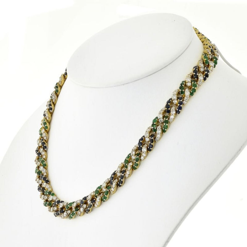 18K Yellow Gold Cuban Link Diamond, Sapphire and Green Emerald Necklace
