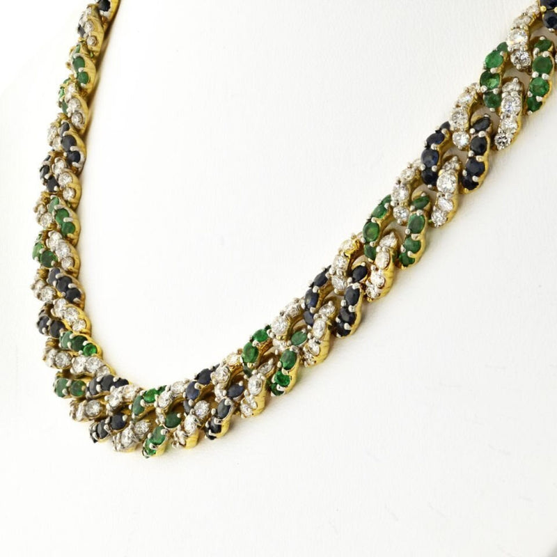 18K Yellow Gold Cuban Link Diamond, Sapphire and Green Emerald